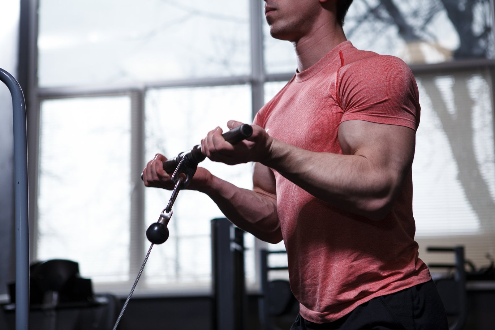 Curl biceps à la poulie basse : exécution face à la poulie, barre en supination, coudes le long du corps