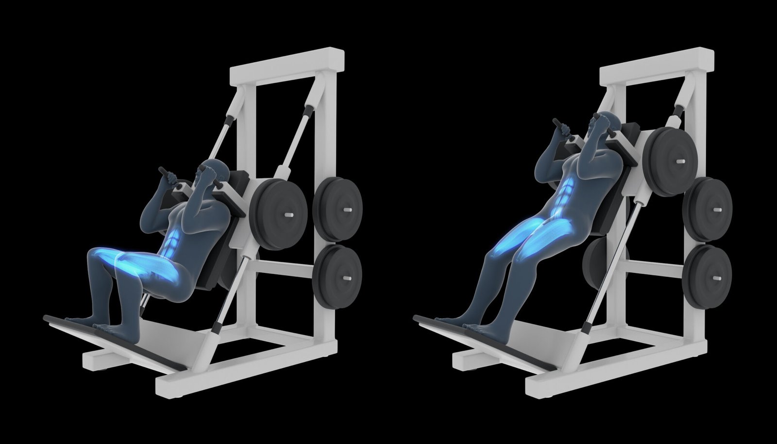 Hack squat à la machine : pratiquant dos calé contre le dossier incliné, pieds sur le plateau, genoux fléchis en position basse