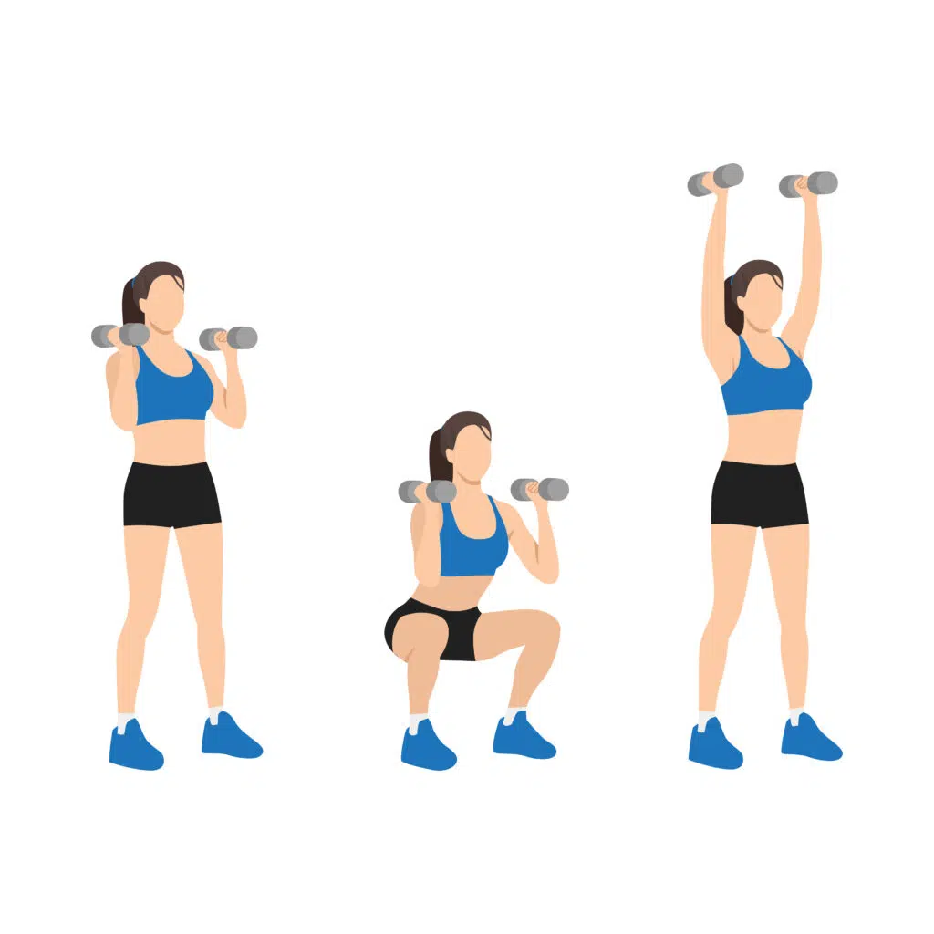 Thruster avec haltères : squat complet haltères en position front rack puis développé au-dessus de la tête