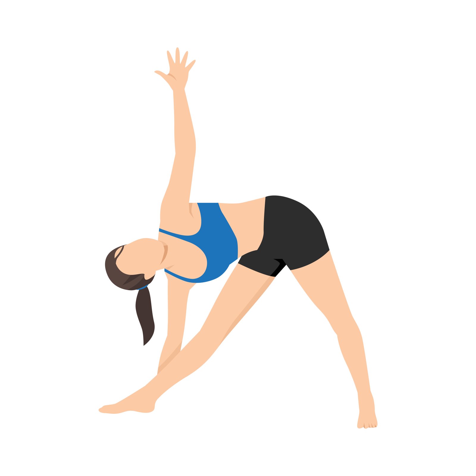 Posture du triangle (Trikonasana) : jambes écartées, buste incliné sur le côté, main vers la cheville et bras opposé vers le ciel
