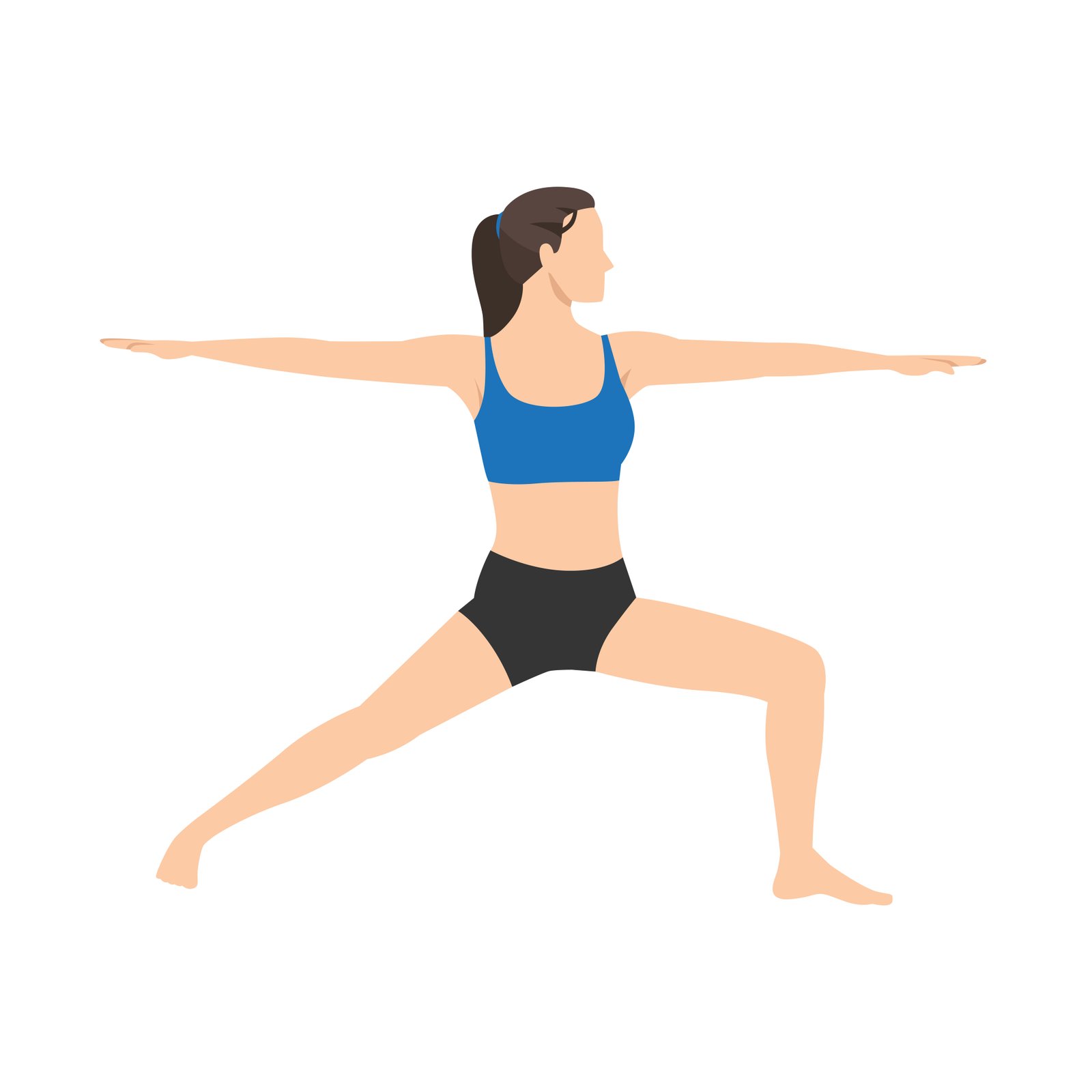 Posture du guerrier II (Virabhadrasana II) : fente latérale, bras étirés parallèles au sol, regard par-dessus la main avant