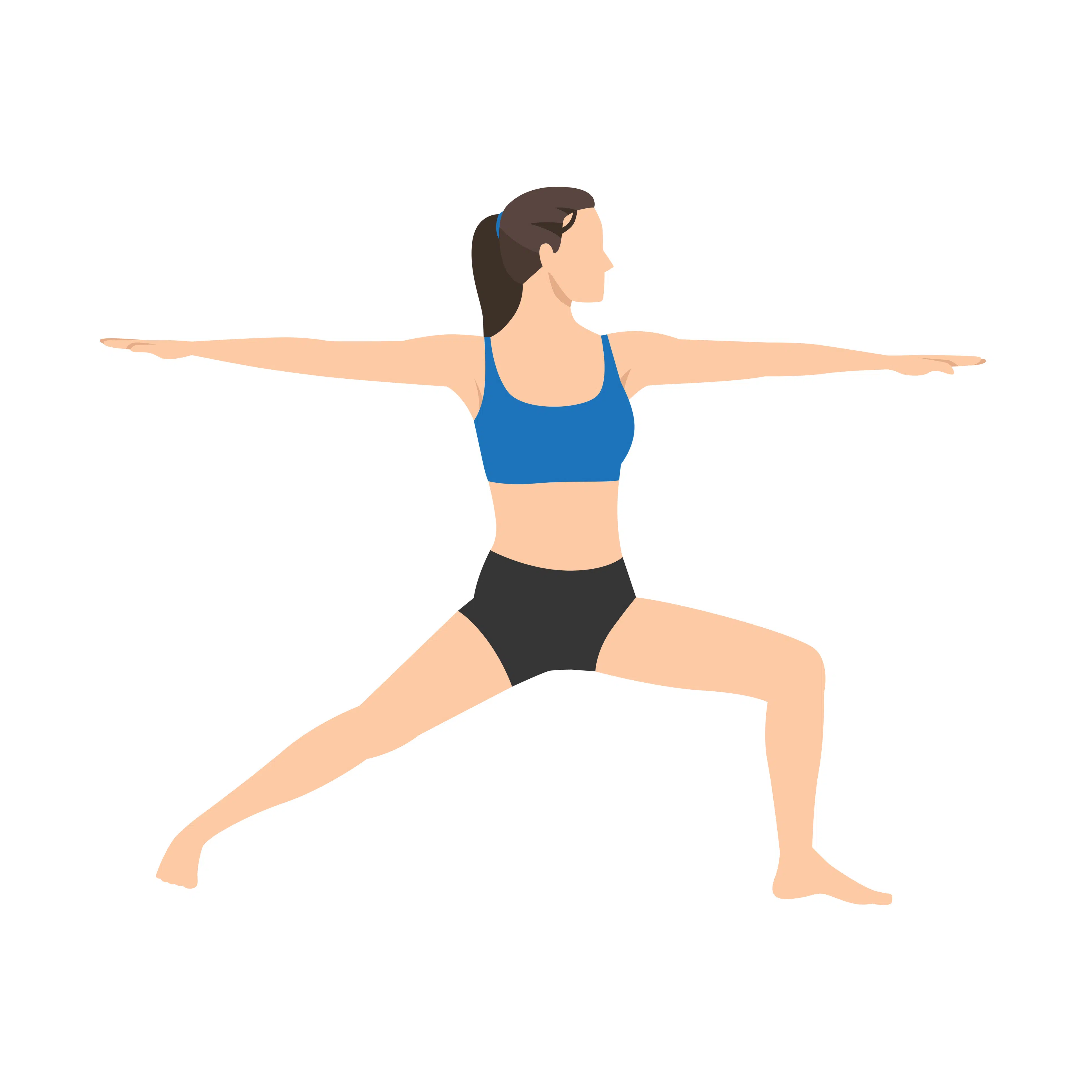 Posture du guerrier II (Virabhadrasana II) : fente latérale, bras étirés parallèles au sol, regard par-dessus la main avant