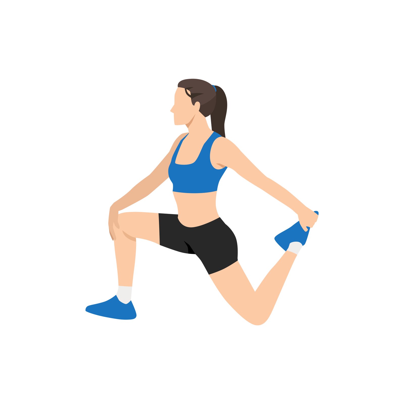 Étirements des quadriceps : 6 exercices efficaces 3 Étirement du quadriceps en fente avec prise de cheville : un genou au sol, la main attrape le pied arrière pour fléchir le genou et étirer l'avant de la cuisse et le psoas.