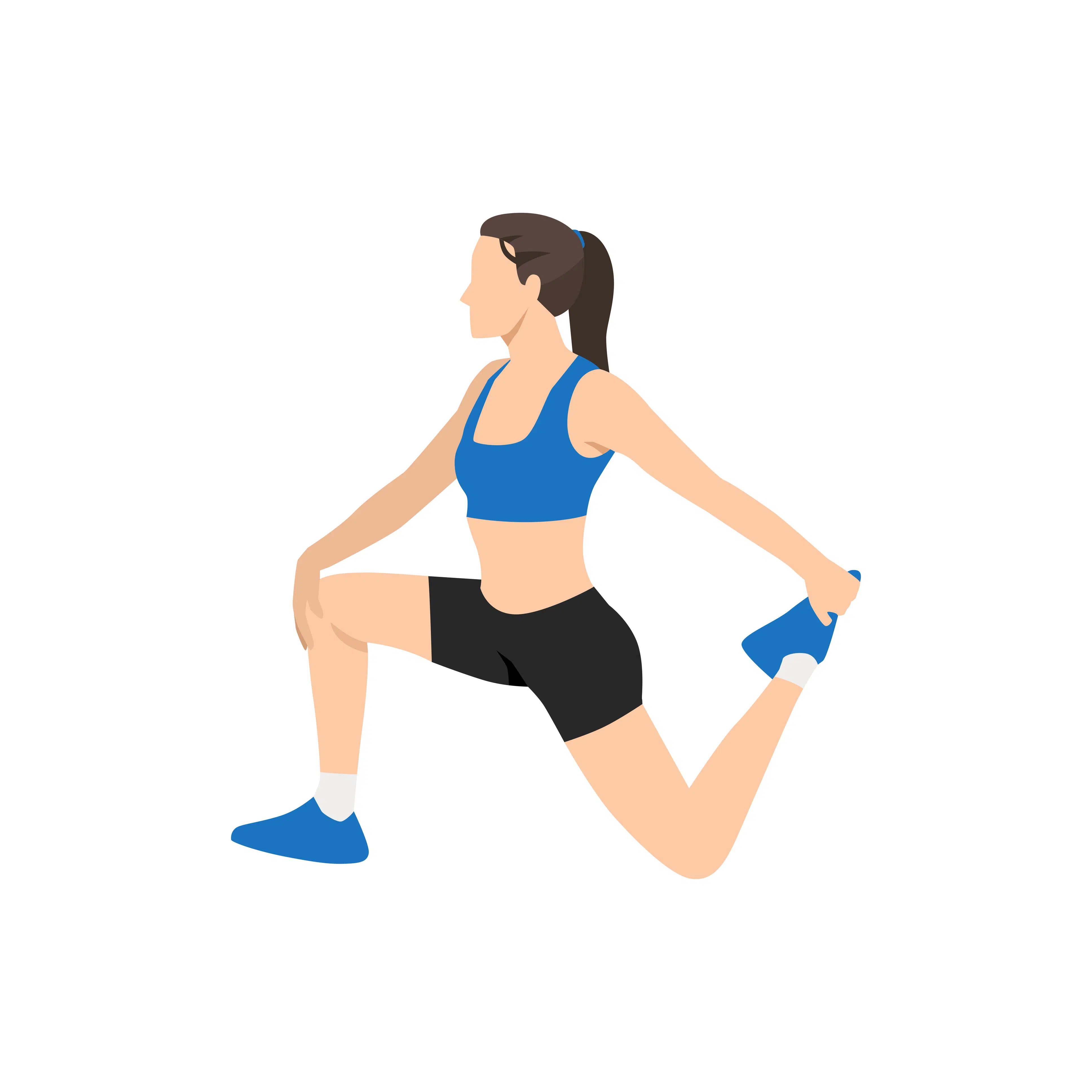 Étirement du quadriceps en fente avec prise de cheville : un genou au sol, la main attrape le pied arrière pour fléchir le genou et étirer l'avant de la cuisse et le psoas.