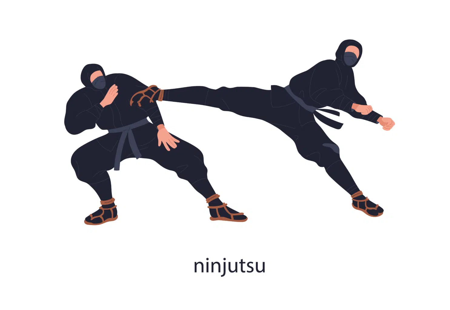 Ninjutsu : pratiquant en tenue sombre exécutant une technique de l'art martial ninja japonais