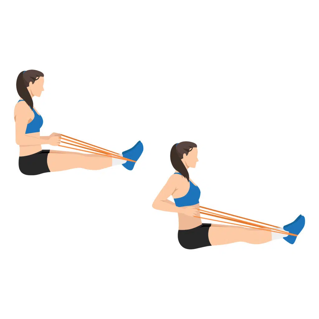Tirage Horizontal Avec Élastique 1 Tirage horizontal avec élastique : assis jambes tendues, élastique passé derrière les pieds, tirage des coudes vers l'arrière jusqu'au bas des côtes, dos droit