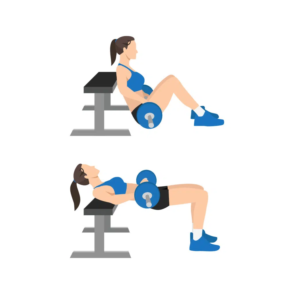 Technique du hip thrust avec barre sur banc : haut du dos appuyé, barre sur les hanches, hanches en extension complète