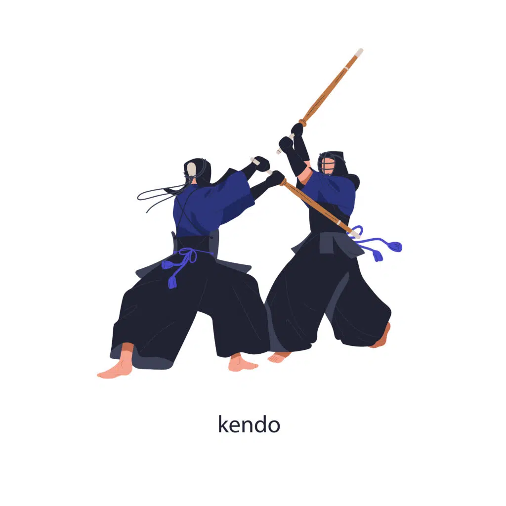 Kendo : pratiquants en armure bogu avec sabre de bambou shinai dans un dojo