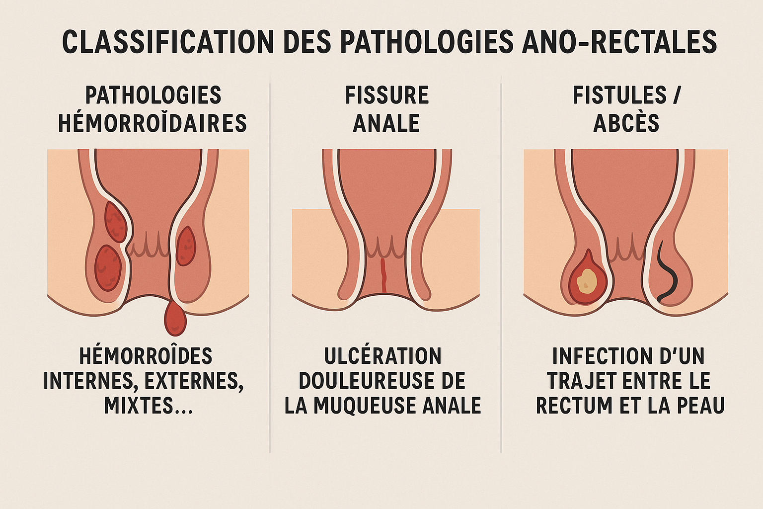 Classification des pathologies ano-rectales : hémorroïdes internes et externes, fissure anale, abcès et fistule de la marge anale