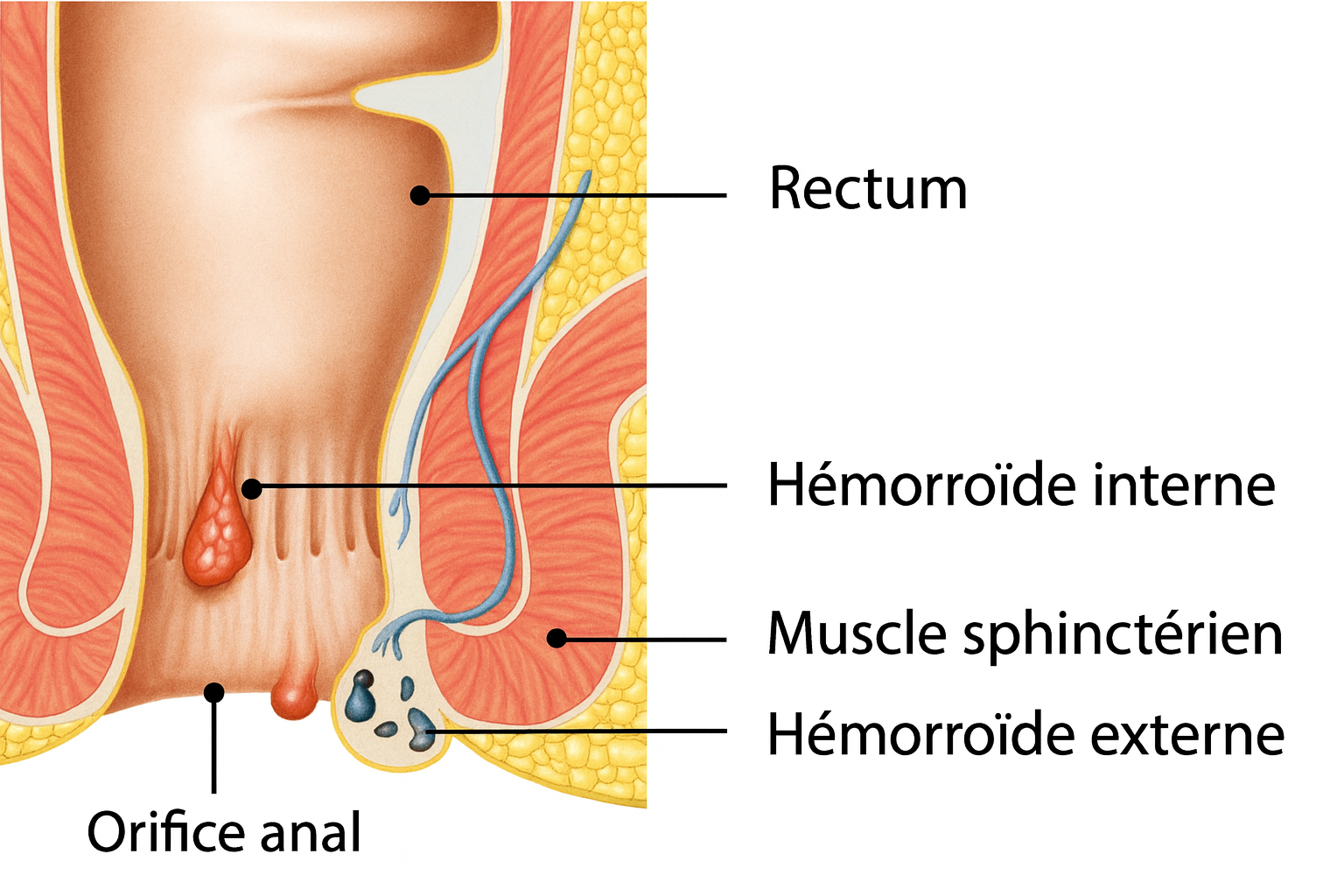 Vue anatomique des hémorroïdes internes et externes dans le canal anal, situées de part et d'autre de la ligne pectinée