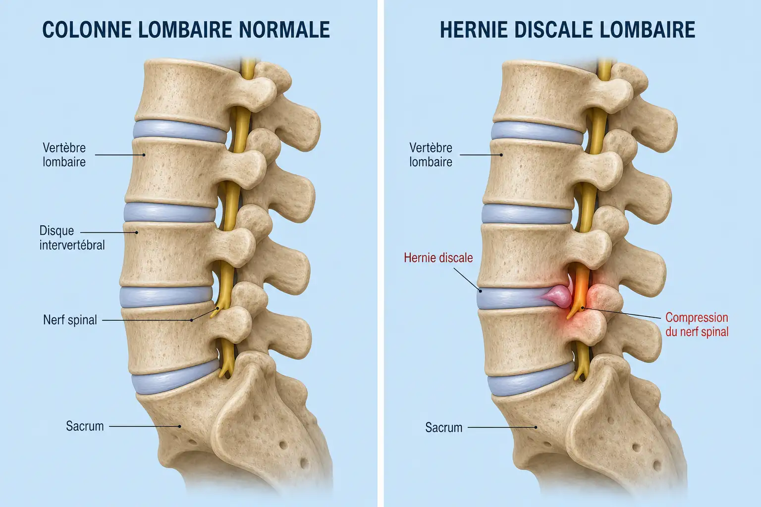 Vue rapprochée d'une hernie discale légère au niveau des vertèbres lombaires