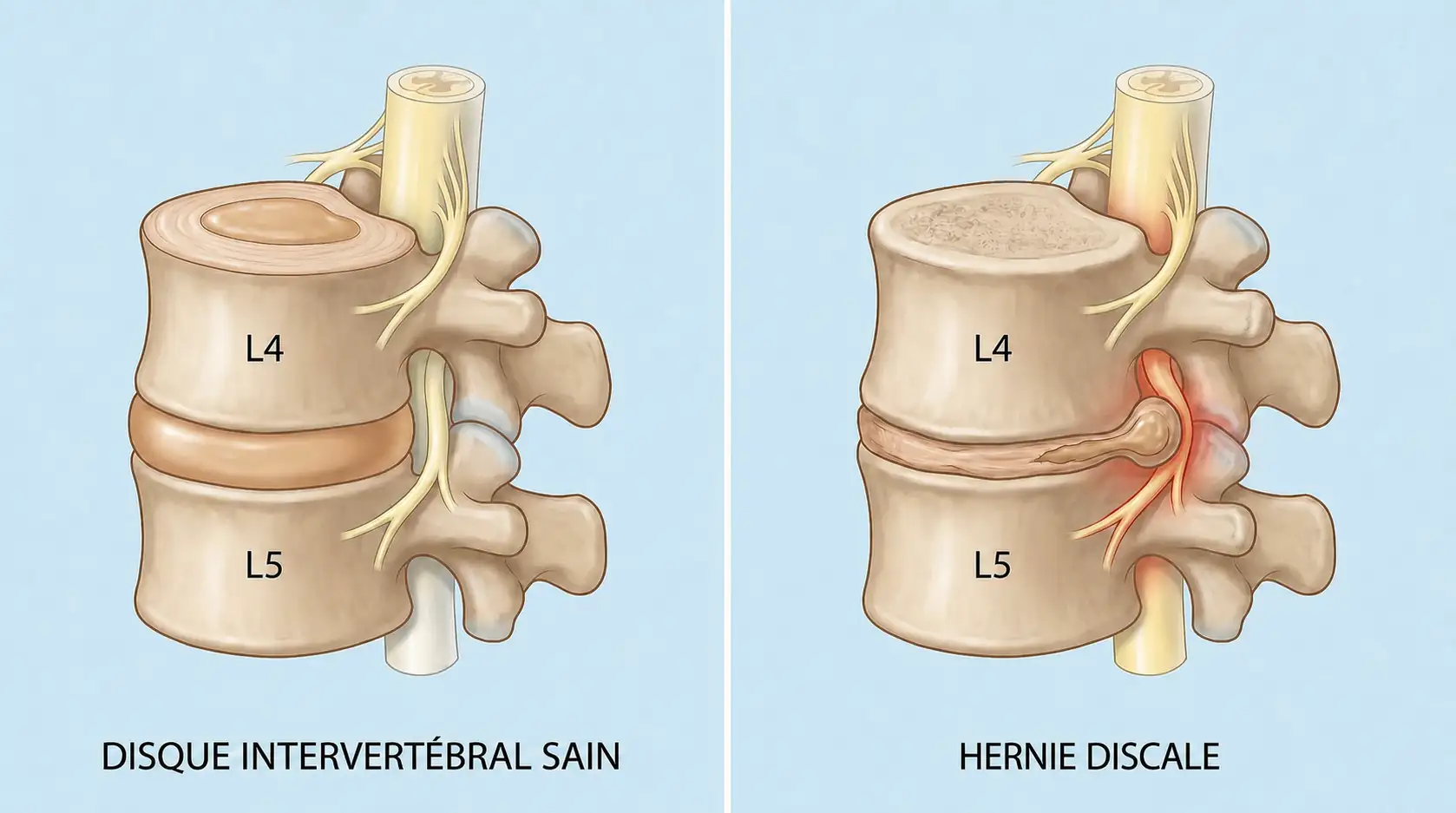 Illustration d'une hernie discale lombaire comprimant la racine du nerf sciatique, cause principale de la sciatique
