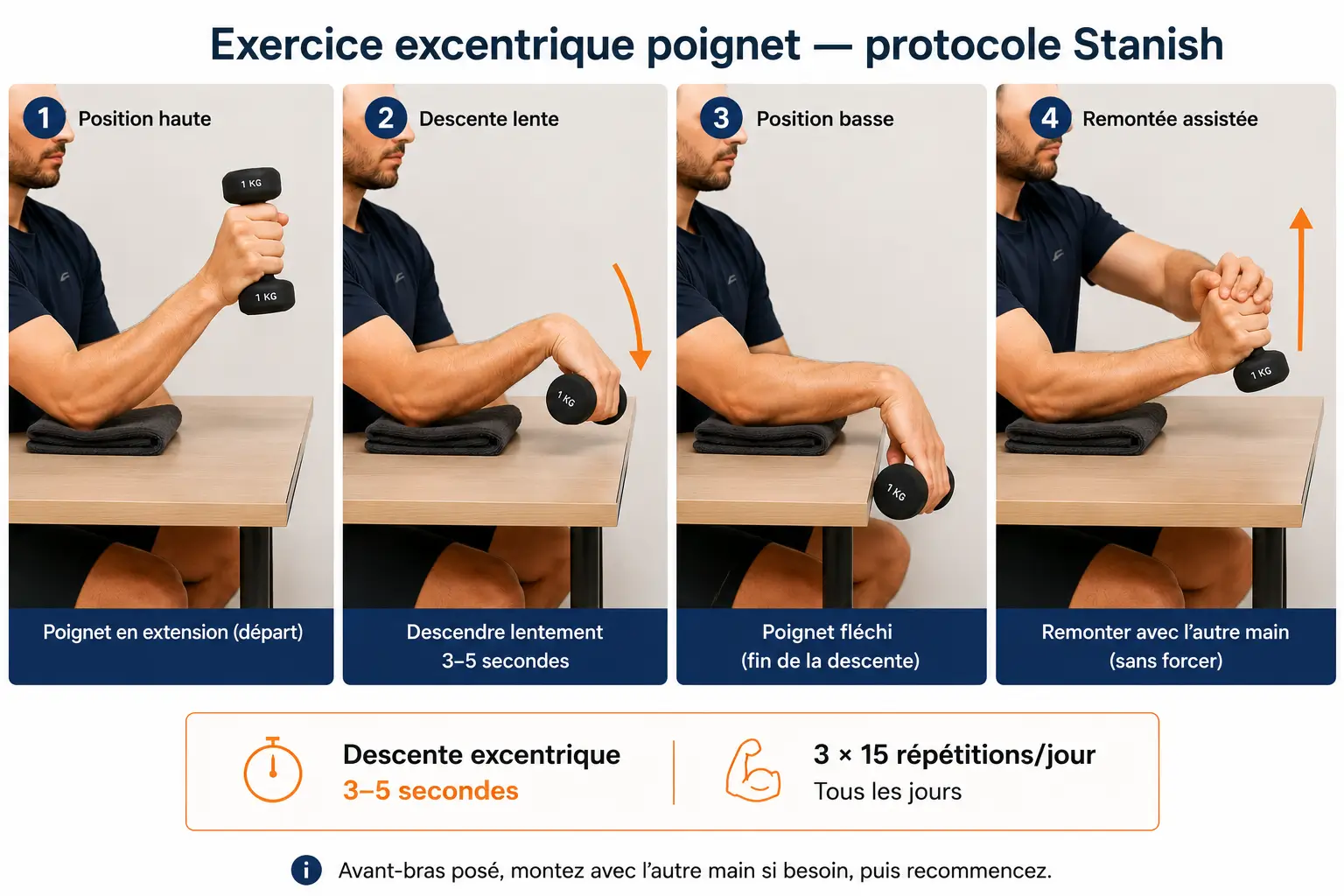 Exercice excentrique du poignet protocole Stanish pour épicondylite latérale