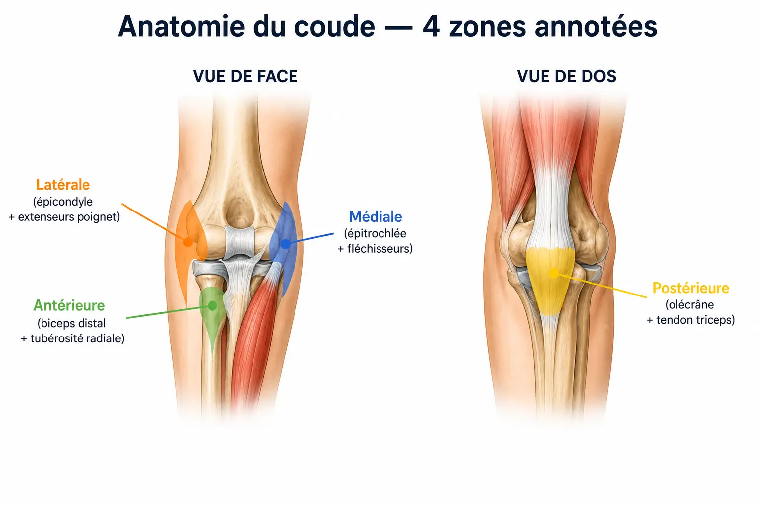 Anatomie du coude — 4 zones annotées