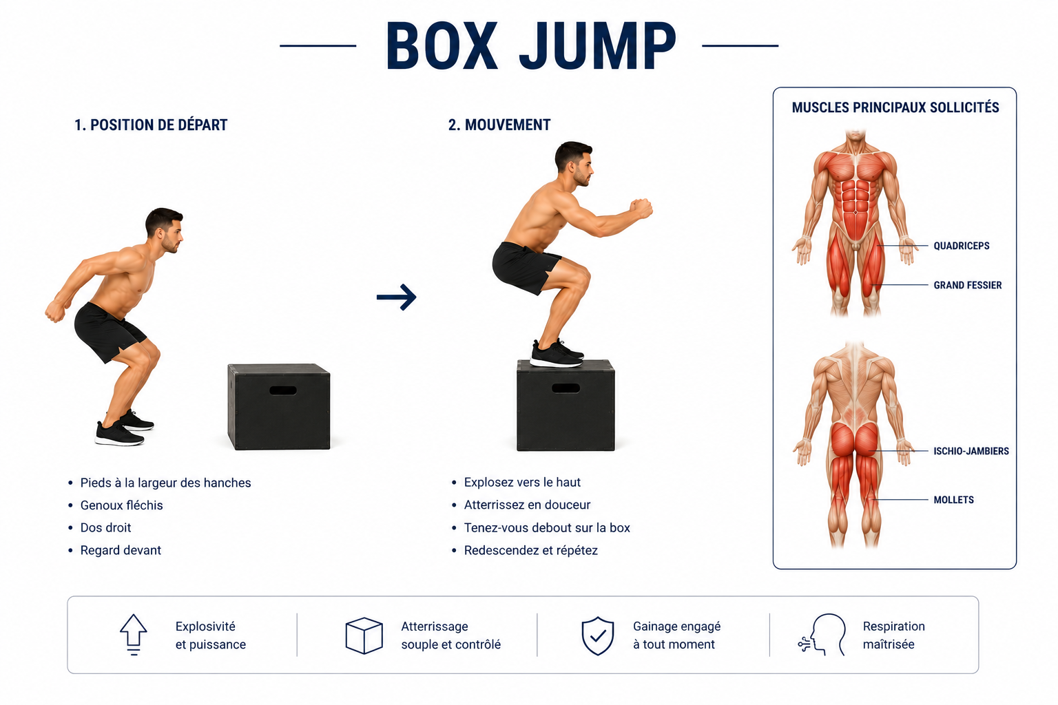 Technique du box jump : saut des deux pieds sur une boîte, réception genoux fléchis
