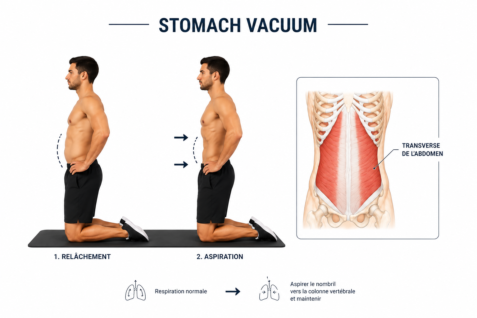 Démonstration de la technique du stomach vacuum : ventre creusé sous les côtes