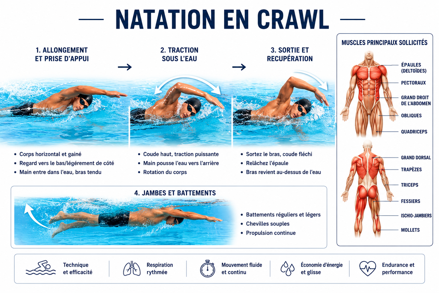 Technique de la natation en crawl : corps aligné, roulis et bras en traction sous l'eau