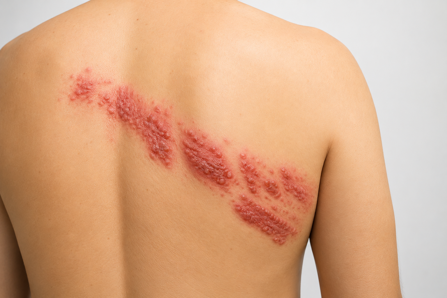 Éruption cutanée typique d'un zona dans le dos : vésicules regroupées sur une zone rouge suivant un trajet nerveux (dermatome) d'un seul côté du corps