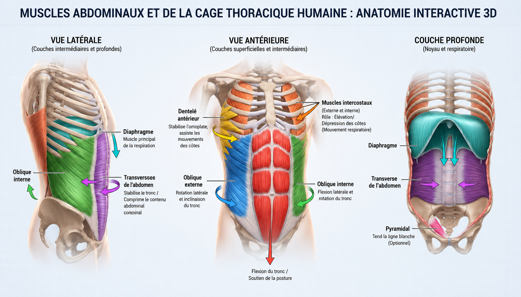 Schéma anatomique des muscles abdominaux : grand droit, obliques externe et interne, transverse, en vue de face et en coupe transversale