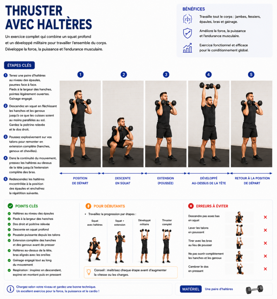 Guide complet du thruster avec haltères : décomposition du mouvement, conseils de progression et exemple de séance