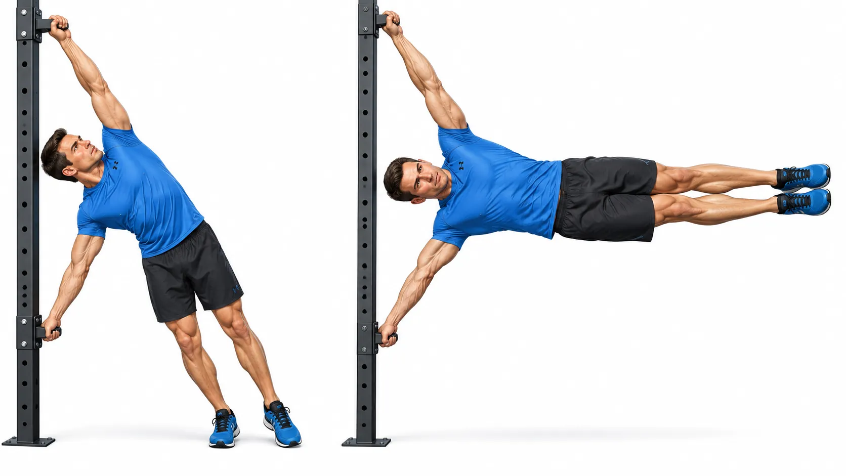 Human flag : ce sont vos obliques, pas vos épaules 1 Pratiquant réalisant un human flag complet, corps horizontal en appui sur une barre verticale
