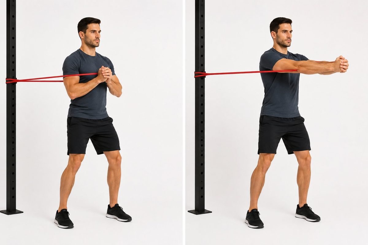 Pallof press à l’élastique : à gauche la position de départ mains au sternum, à droite les bras tendus devant la poitrine