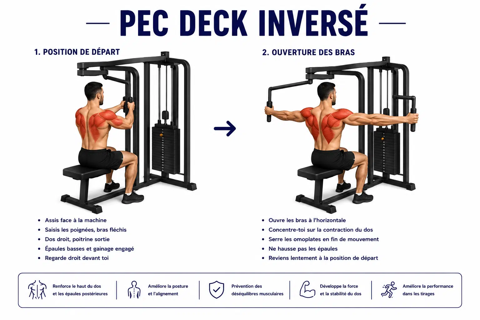 Illustration du pec deck inversé (reverse fly à la machine) montrant les muscles travaillés : deltoïde postérieur ciblé, trapèzes moyens et inférieurs, rhomboïdes et coiffe des rotateurs lors de l'écartement des bras vers l'arrière