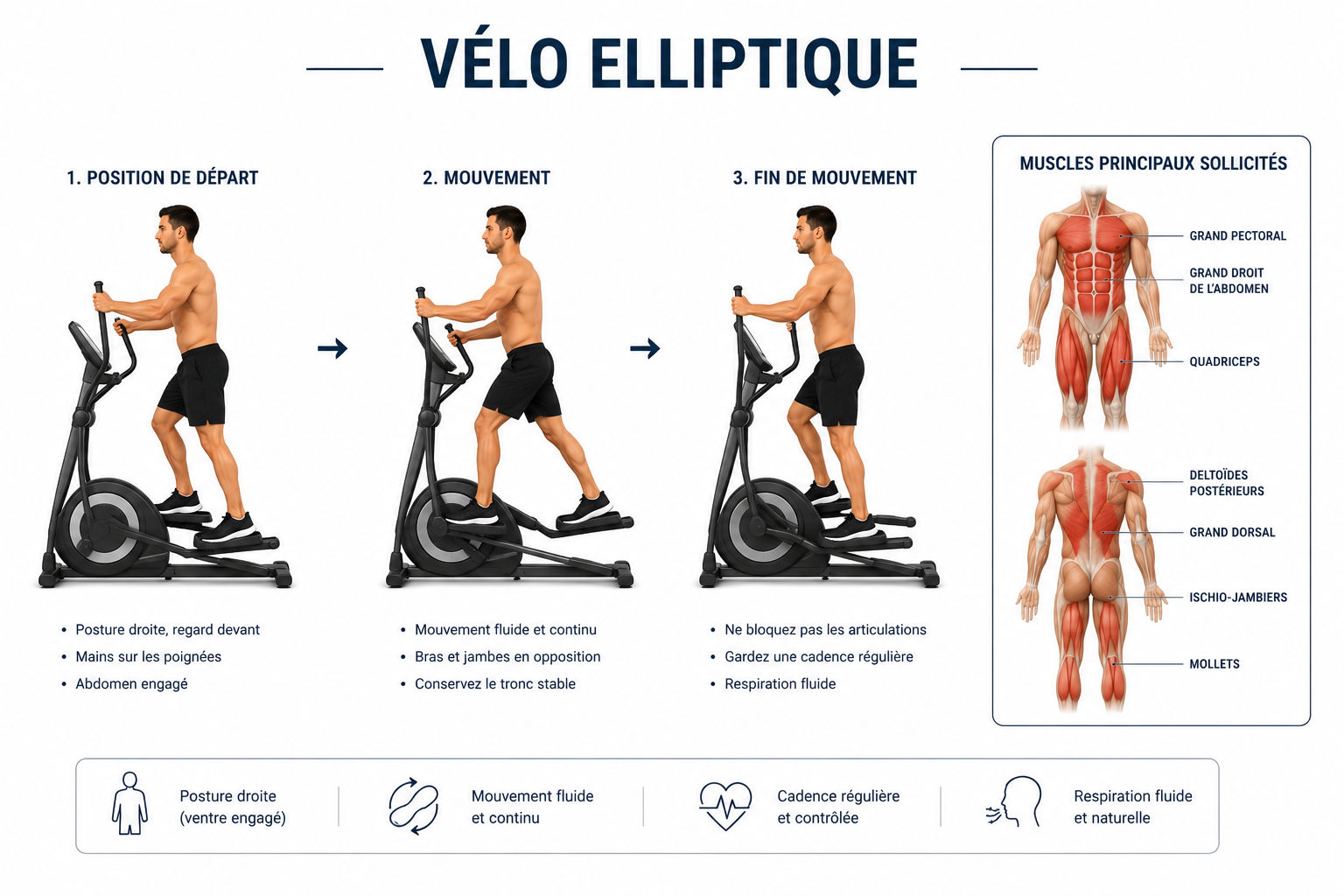 Position correcte sur un vélo elliptique : dos droit, regard devant, mains sur les poignées