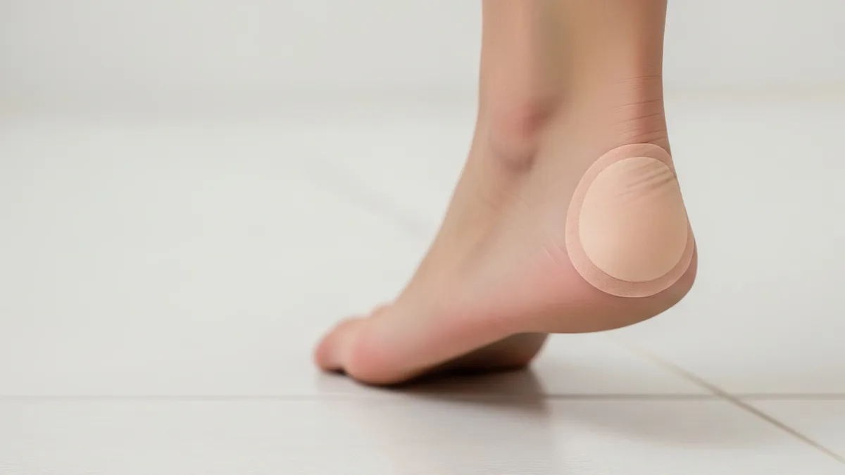 Pied nu vu de profil avec un pansement hydrocollo&iuml;de rond appliqu&eacute; sur le talon pour prot&eacute;ger une ampoule