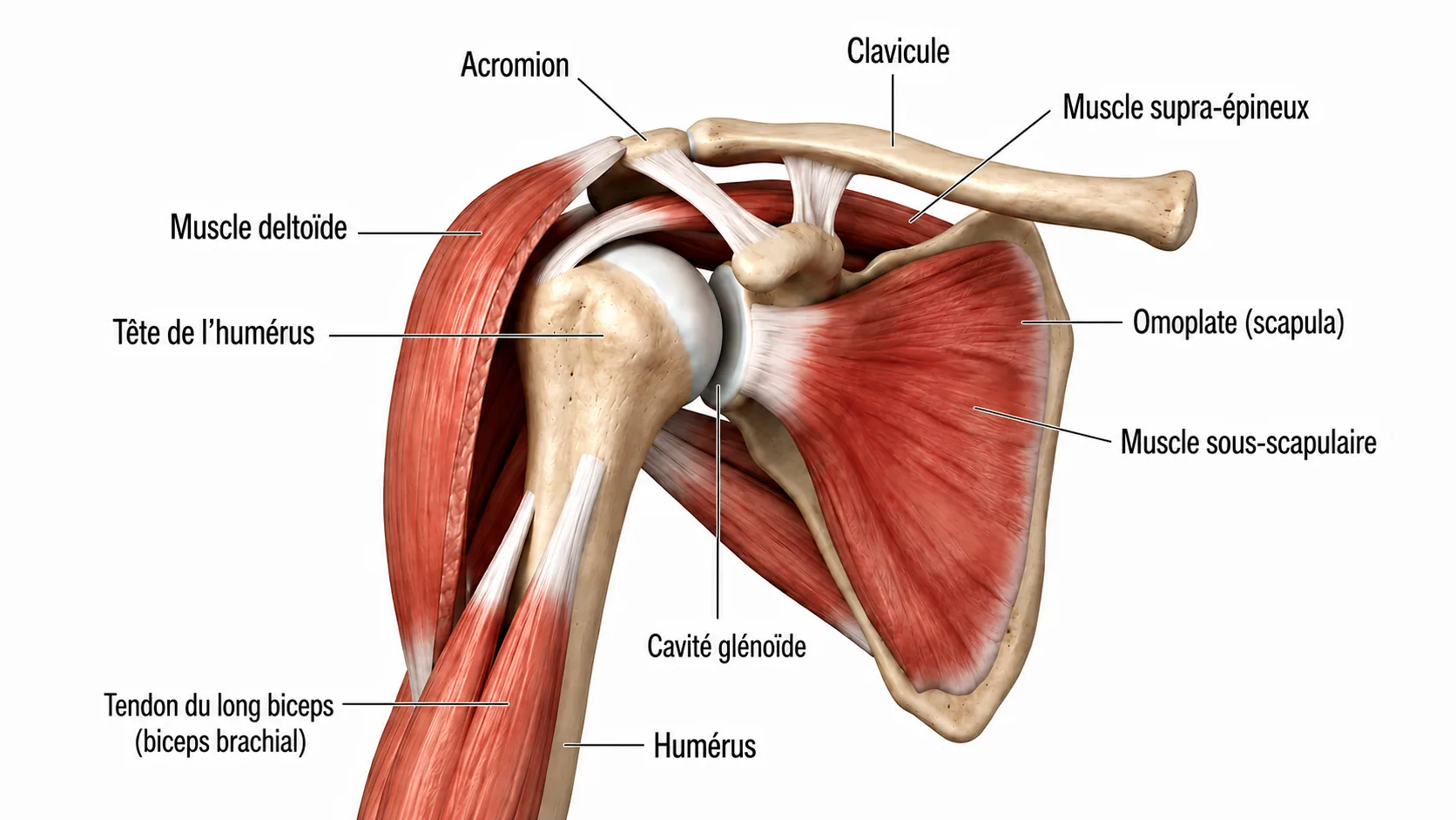 Anatomie de la coiffe des rotateurs : supra-&eacute;pineux, infra-&eacute;pineux, petit rond et sous-scapulaire autour de la t&ecirc;te hum&eacute;rale