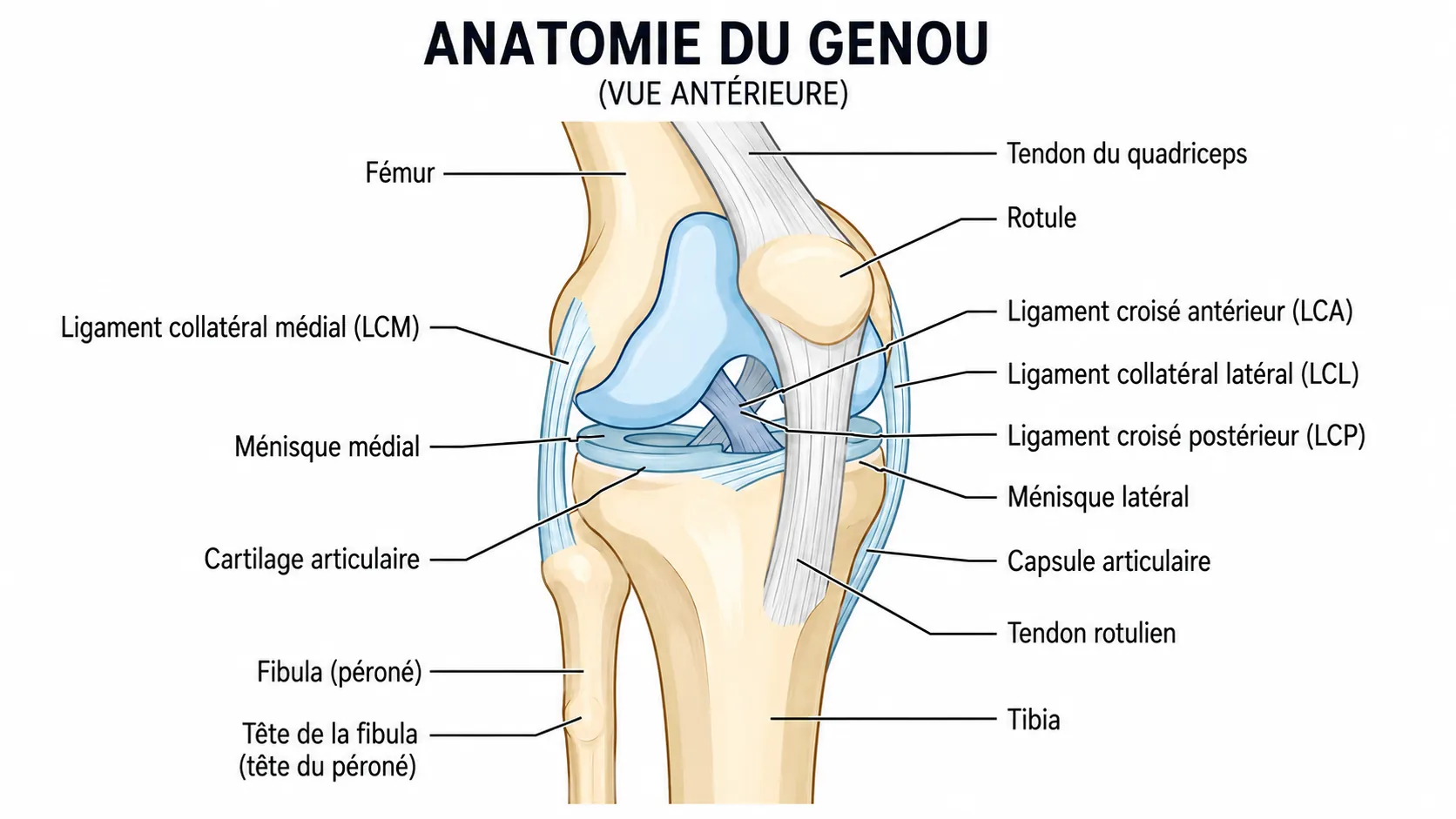 Anatomie du genou en vue ant&eacute;rieure : ligament collat&eacute;ral m&eacute;dial (LCM, ex-lat&eacute;ral interne) sur la face interne, ligament collat&eacute;ral lat&eacute;ral (LCL, ex-lat&eacute;ral externe) sur la face externe, ligaments crois&eacute;s au centre, m&eacute;nisques entre f&eacute;mur et tibia