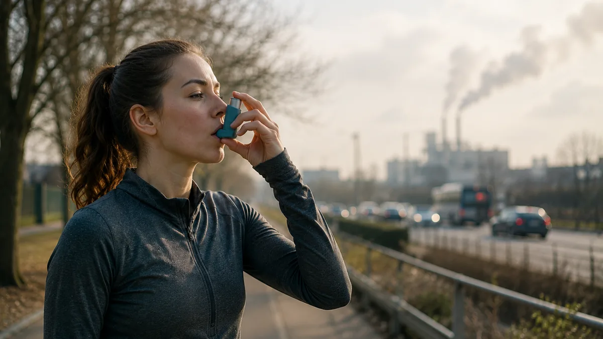 Femme en tenue de sport utilisant un inhalateur pour l'asthme au bord d'une route, avec des voitures et des chemin&eacute;es d'usine en arri&egrave;re-plan illustrant la pollution de l'air