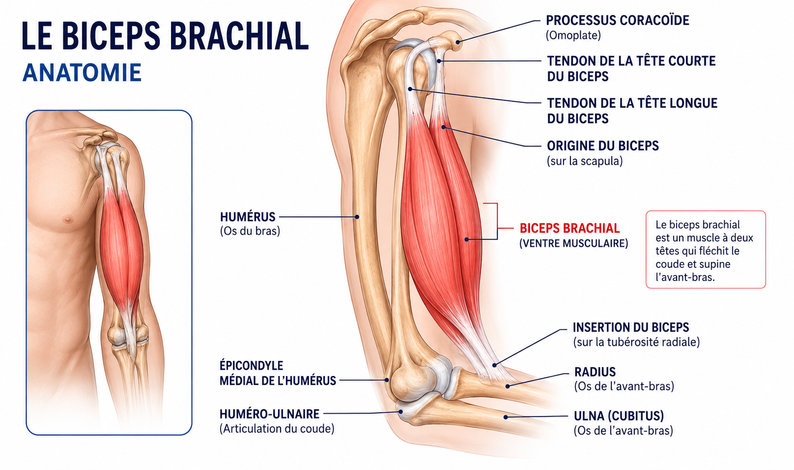 Anatomie du biceps brachial : chef long et chef court, muscle brachial et brachio-radial du bras