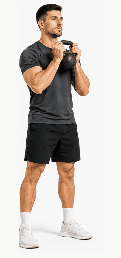 Démonstration animée du goblet squat avec kettlebell : de la position de départ dos droit à la descente jusqu'aux cuisses parallèles
