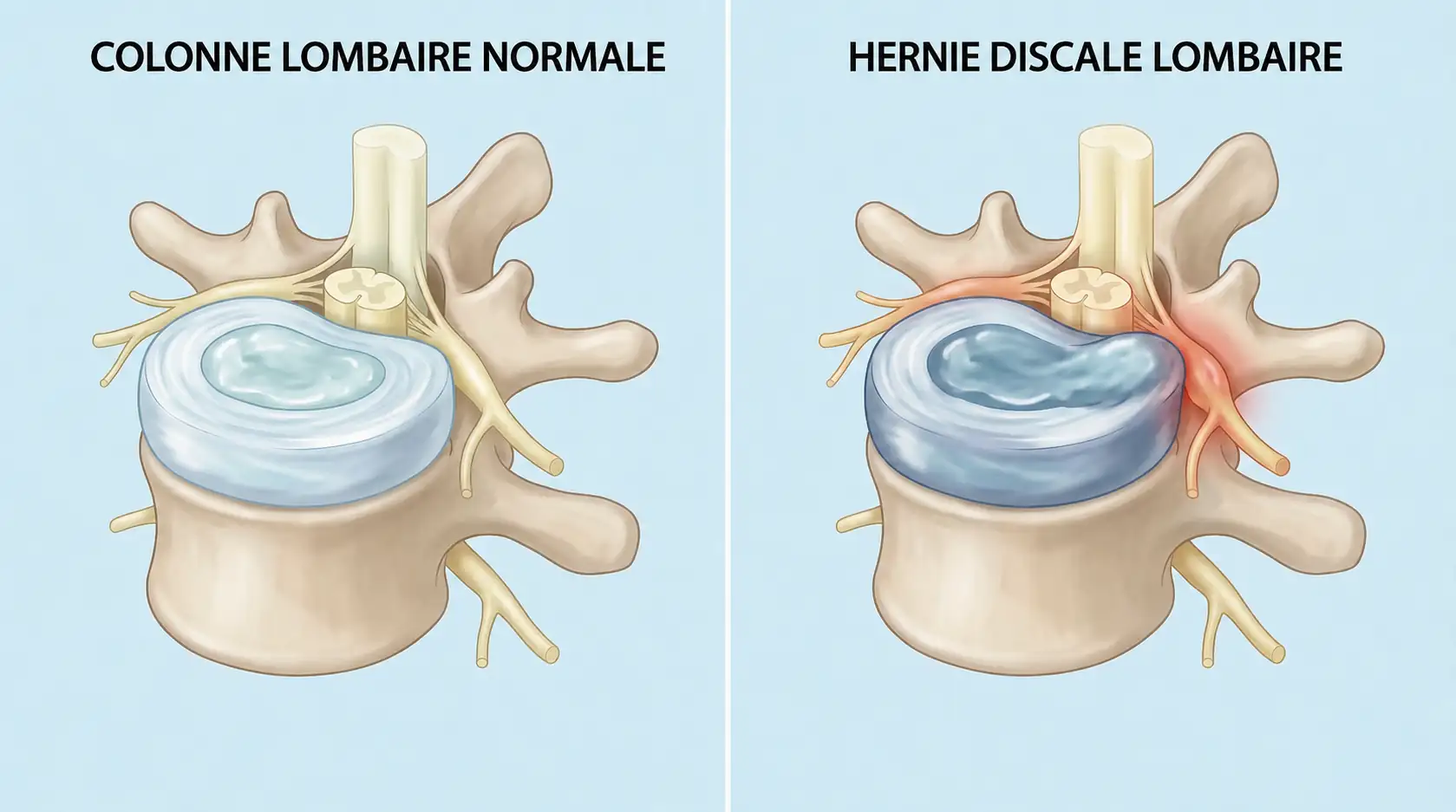 Schéma d'une hernie discale légère : le disque intervertébral fait saillie et comprime la racine nerveuse