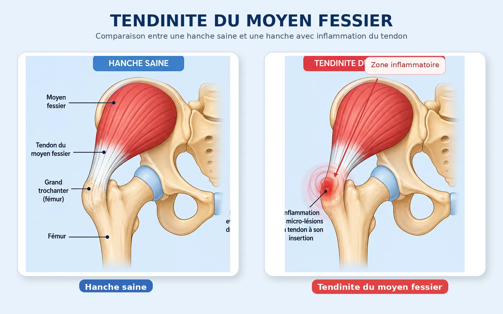 Tendinite du moyen fessier : causes, symptômes, traitement 3 Tendinite (tendinopathie) du moyen fessier : lésion du tendon au niveau de son insertion sur le grand trochanter