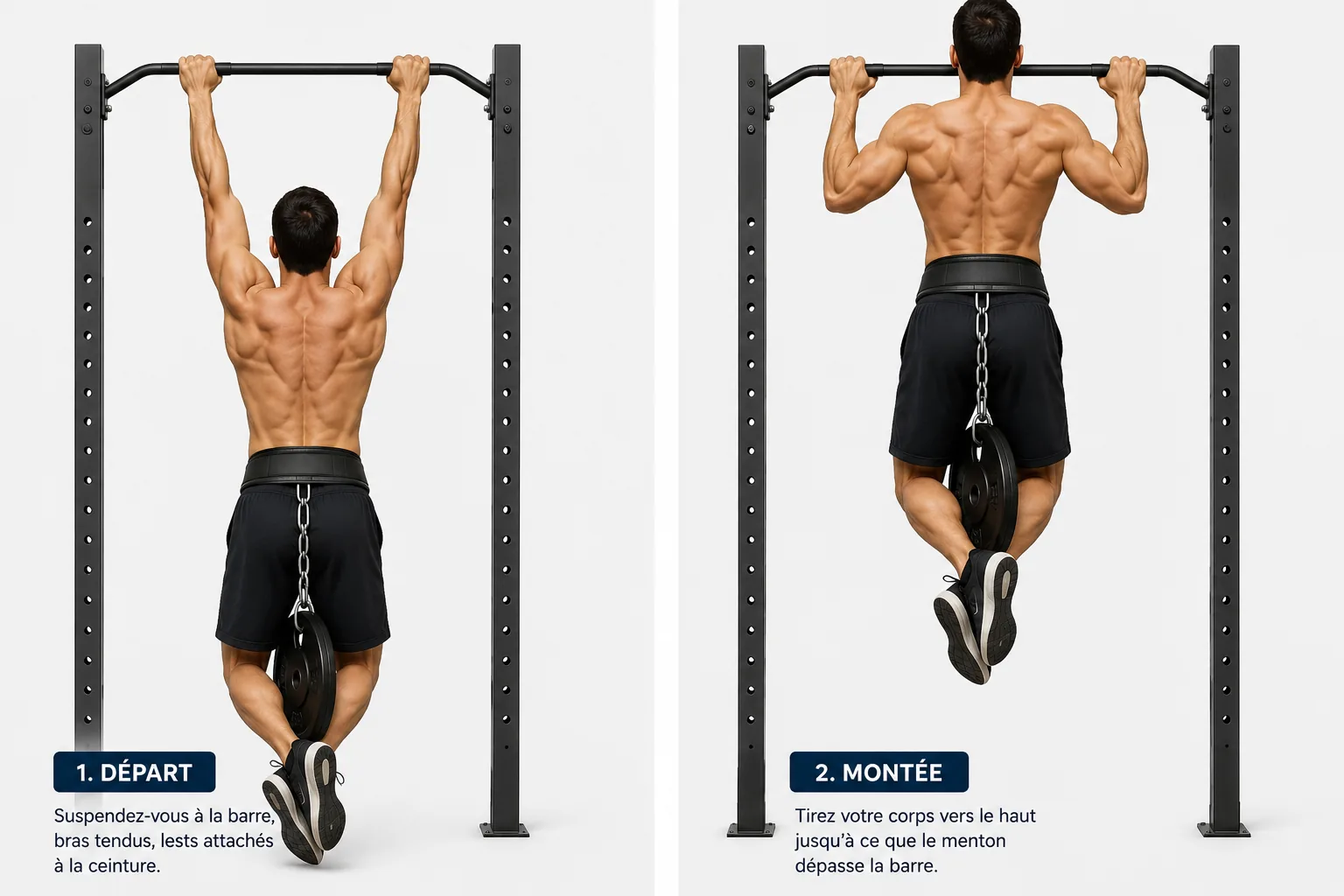 Position de départ pour les tractions lestées puis position haute : bras tendus avec ceinture de lest, puis menton au-dessus de la barre