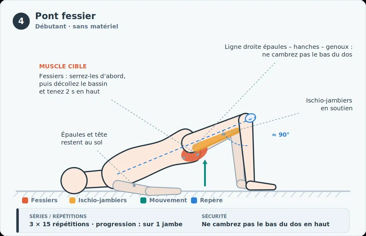 Syndrome rotulien: exercices, causes et comment reprendre le sport sans douleur 5 Pont fessier : bassin décollé formant une ligne droite épaules-hanches-genoux, genoux fléchis à 90°, fessiers et ischio-jambiers mis en évidence