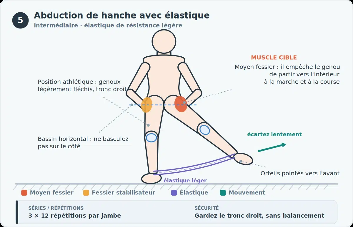 Syndrome rotulien: exercices, causes et comment reprendre le sport sans douleur 6 Abduction de hanche avec élastique : position athlétique debout, élastique aux chevilles, une jambe écartée latéralement, moyen fessier mis en évidence