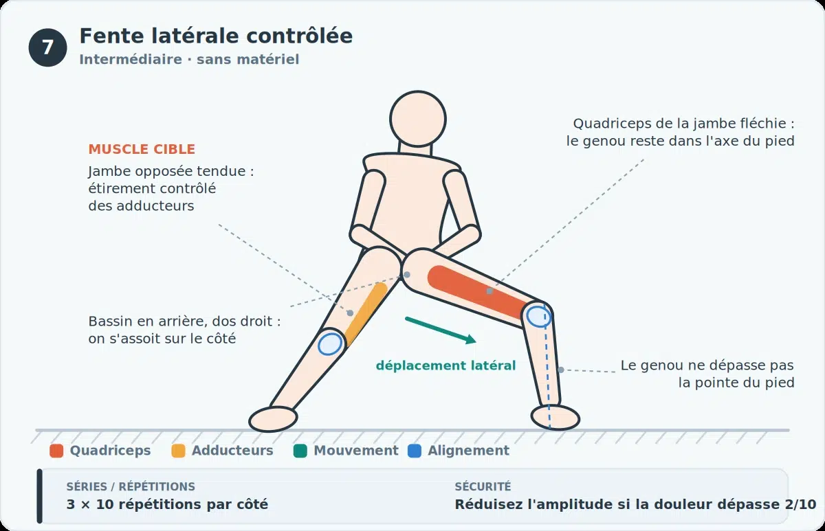 Syndrome rotulien: exercices, causes et comment reprendre le sport sans douleur 8 Fente latérale contrôlée : pieds très écartés, un genou fléchi dans l'axe du pied, jambe opposée tendue en étirement des adducteurs
