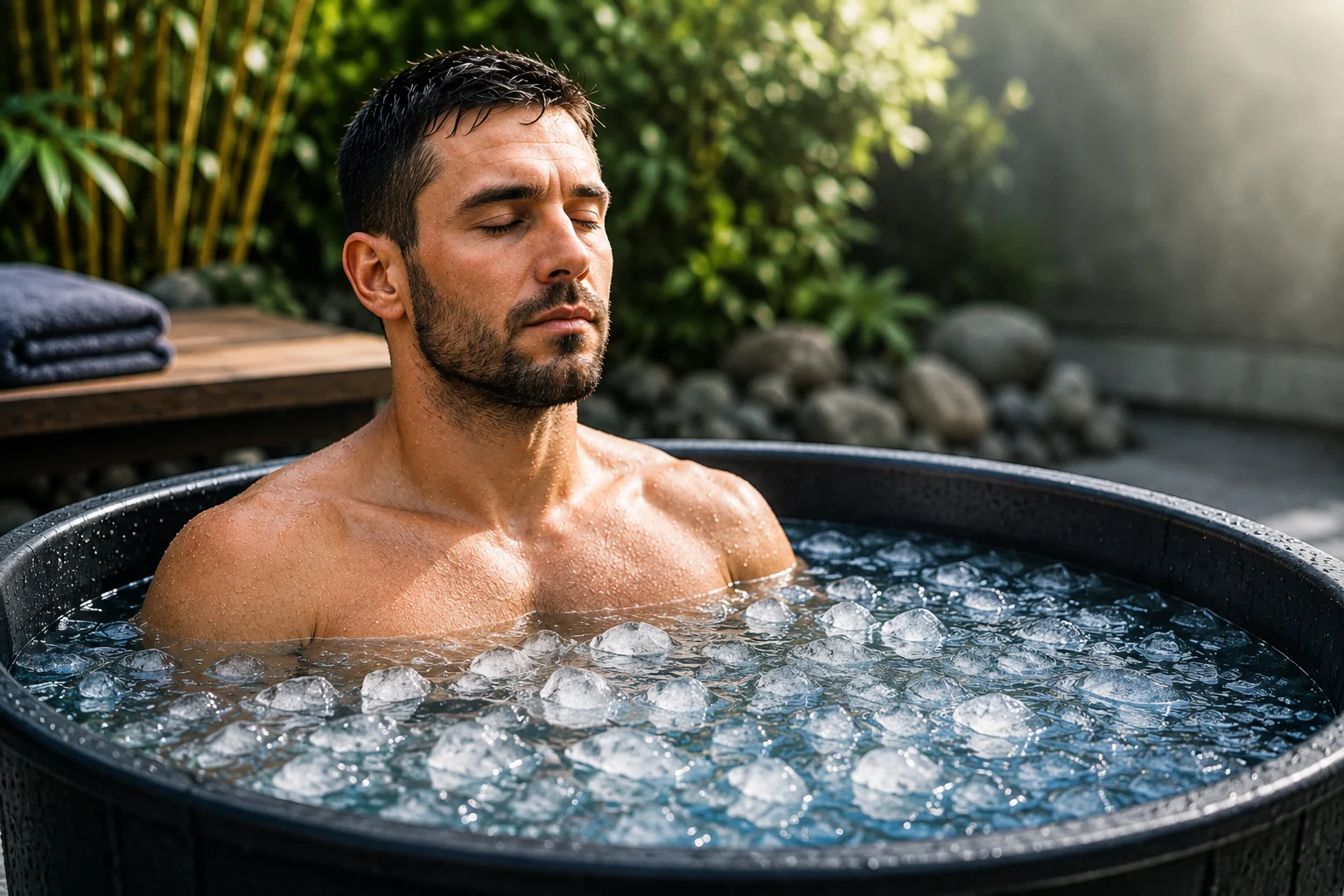 Sportif immergé dans un bain froid avec des glaçons après l’entraînement