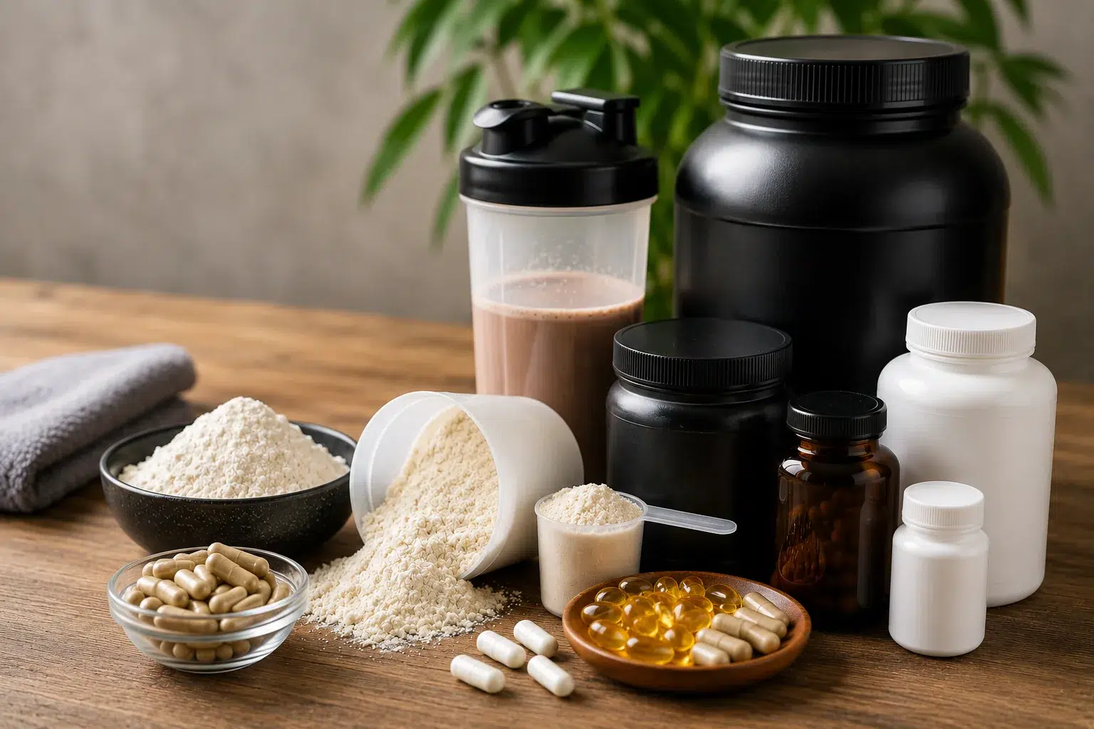 Compléments alimentaires sous forme de poudres, gélules et capsules avec shaker protéiné