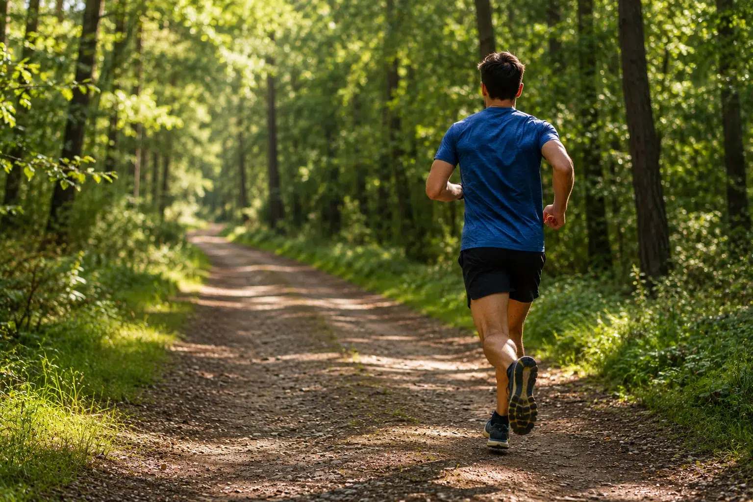 Homme courant sur un chemin forestier pour perdre du poids et améliorer sa condition physique