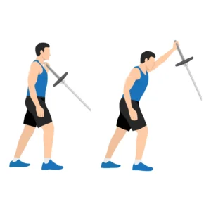 Nos derniers articles (Sport&Santé) 11 Développé landmine à un bras : position de départ avec l'extrémité de la barre à l'épaule, puis poussée en diagonale jusqu'au bras tendu au-dessus de la tête