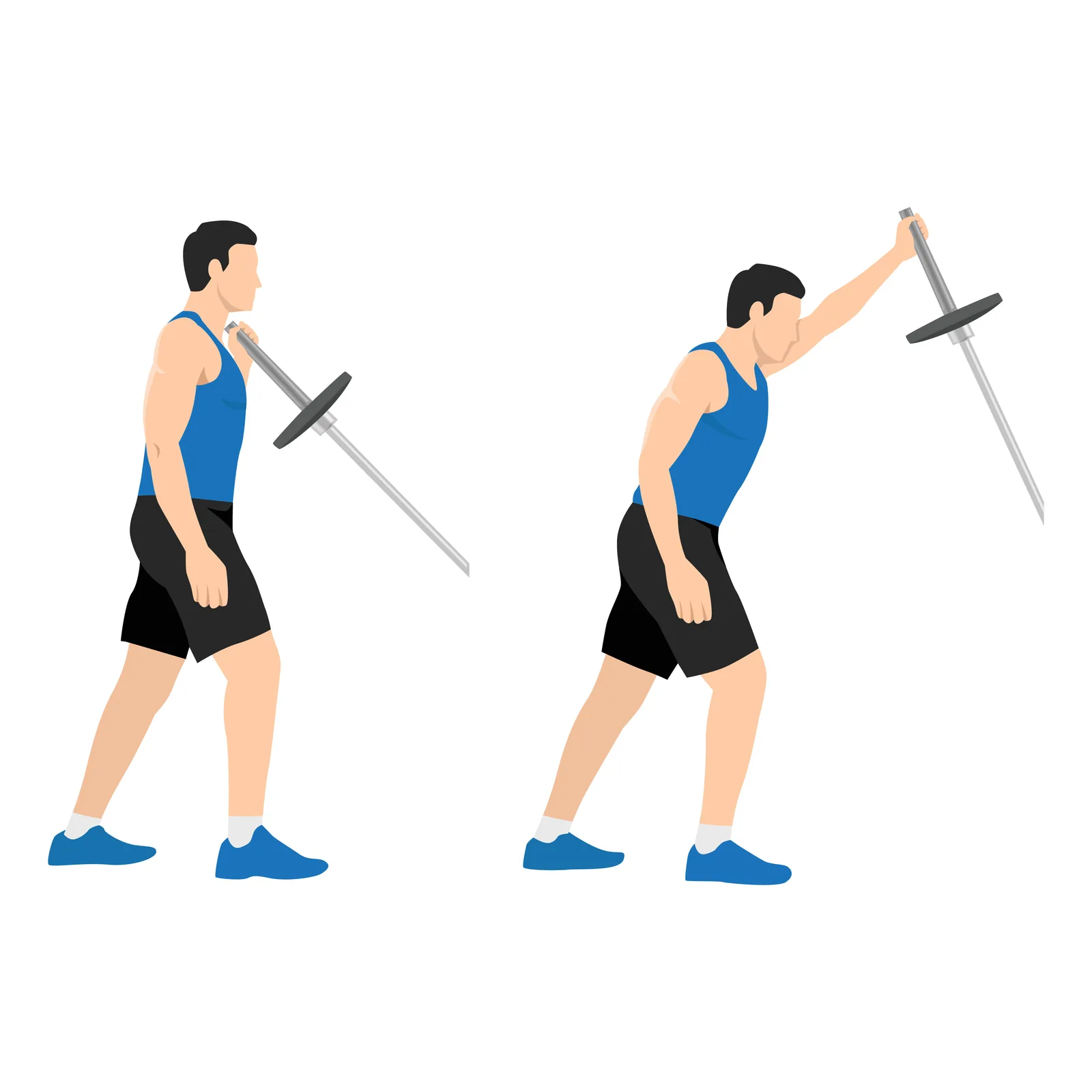 Développé landmine à un bras : position de départ avec l'extrémité de la barre à l'épaule, puis poussée en diagonale jusqu'au bras tendu au-dessus de la tête