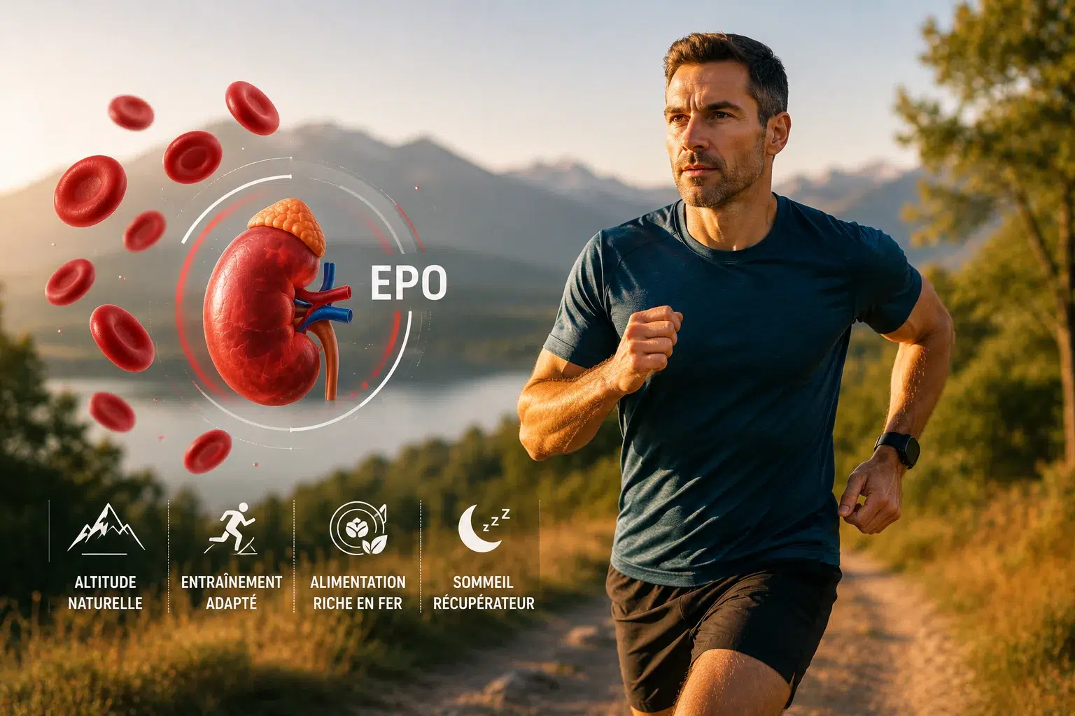 Sportif courant en altitude avec représentation du rein et des globules rouges illustrant la production naturelle d’EPO