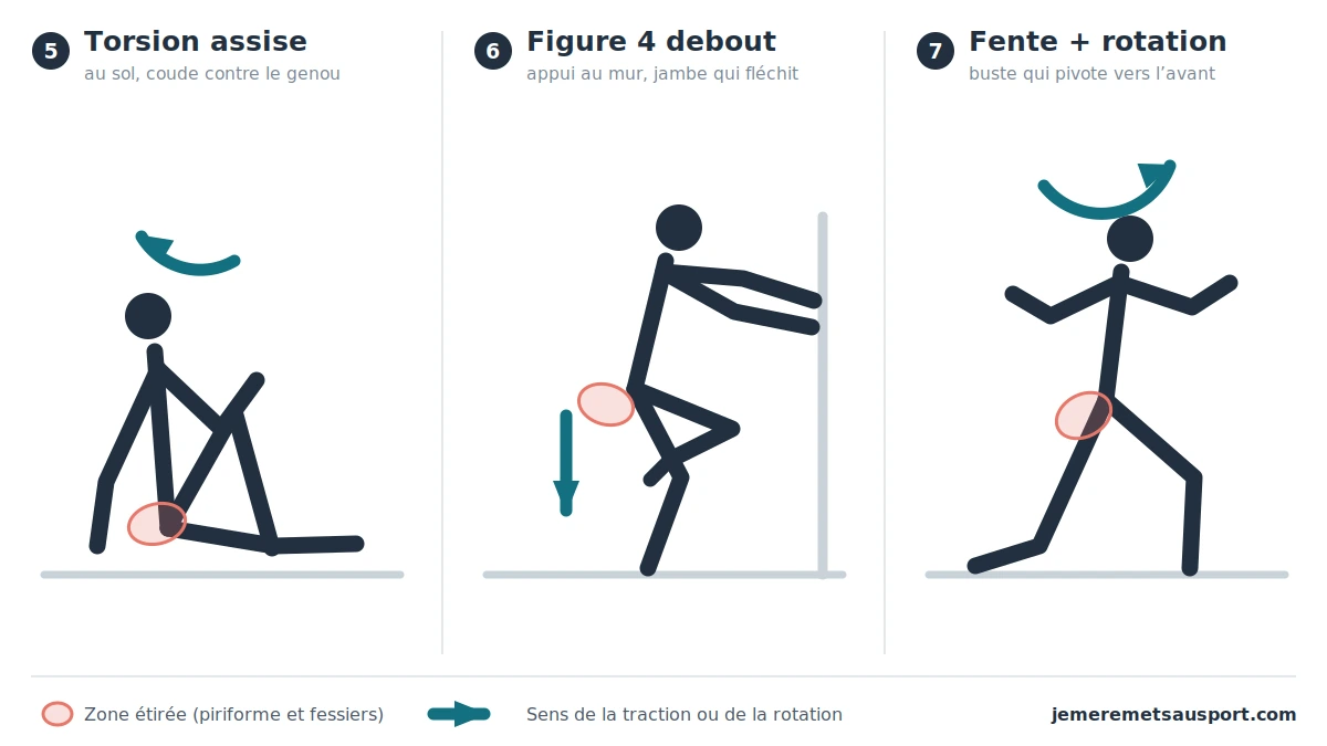 Trois &eacute;tirements du piriforme illustr&eacute;s&nbsp;: torsion vert&eacute;brale assise au sol coude contre le genou, figure 4 debout avec appui au mur et fente avec rotation du buste, avec la zone &eacute;tir&eacute;e et le sens de la traction