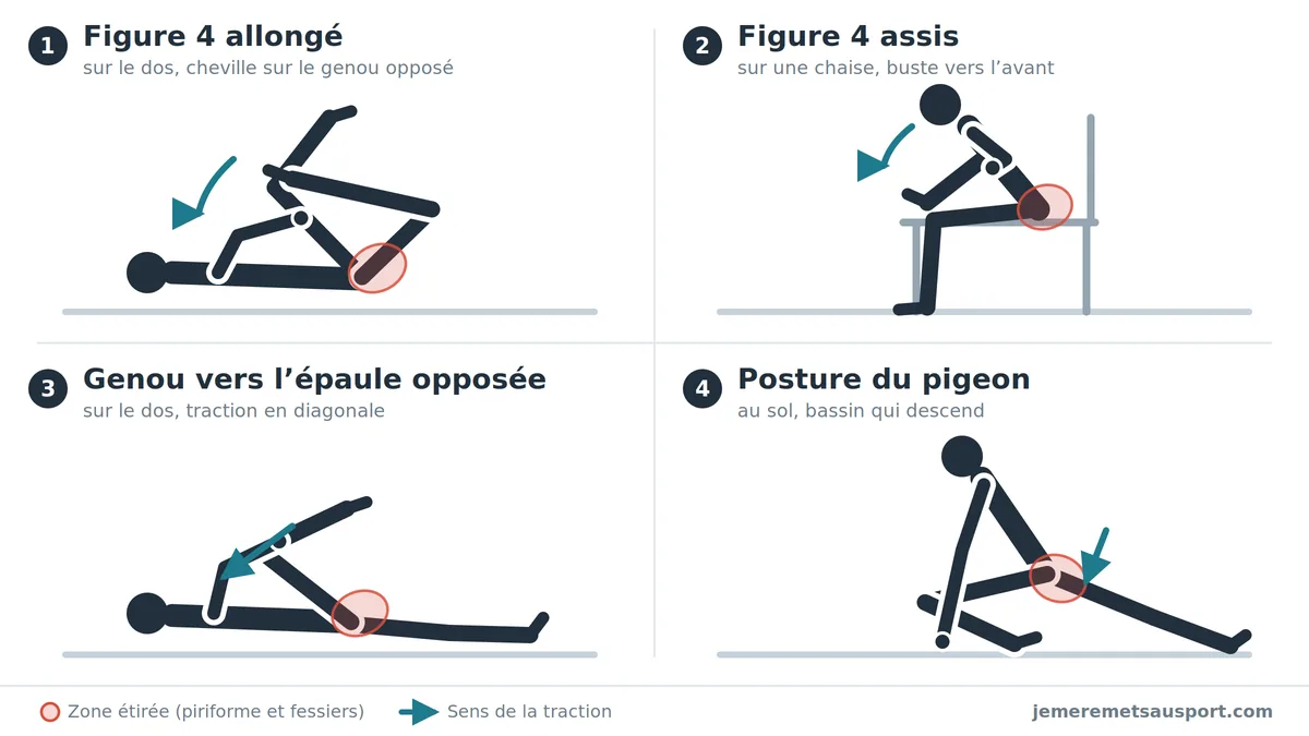 Illustration de quatre étirements du piriforme : figure 4 allongé, figure 4 assis, genou vers l’épaule opposée et posture du pigeon