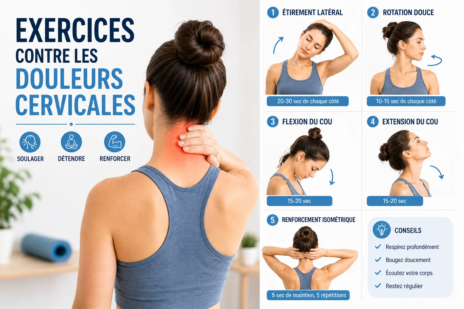 Exercices pour les cervicales&nbsp;: chin tuck, inclinaison lat&eacute;rale et rotation contr&ocirc;l&eacute;e du cou, r&eacute;alis&eacute;s en position assise dos droit