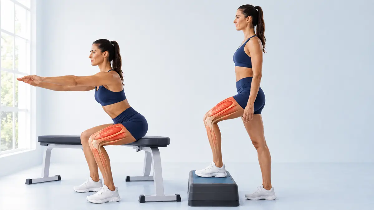 : Femme réalisant deux exercices pour renforcer les genoux : squat sur banc et montée sur step.